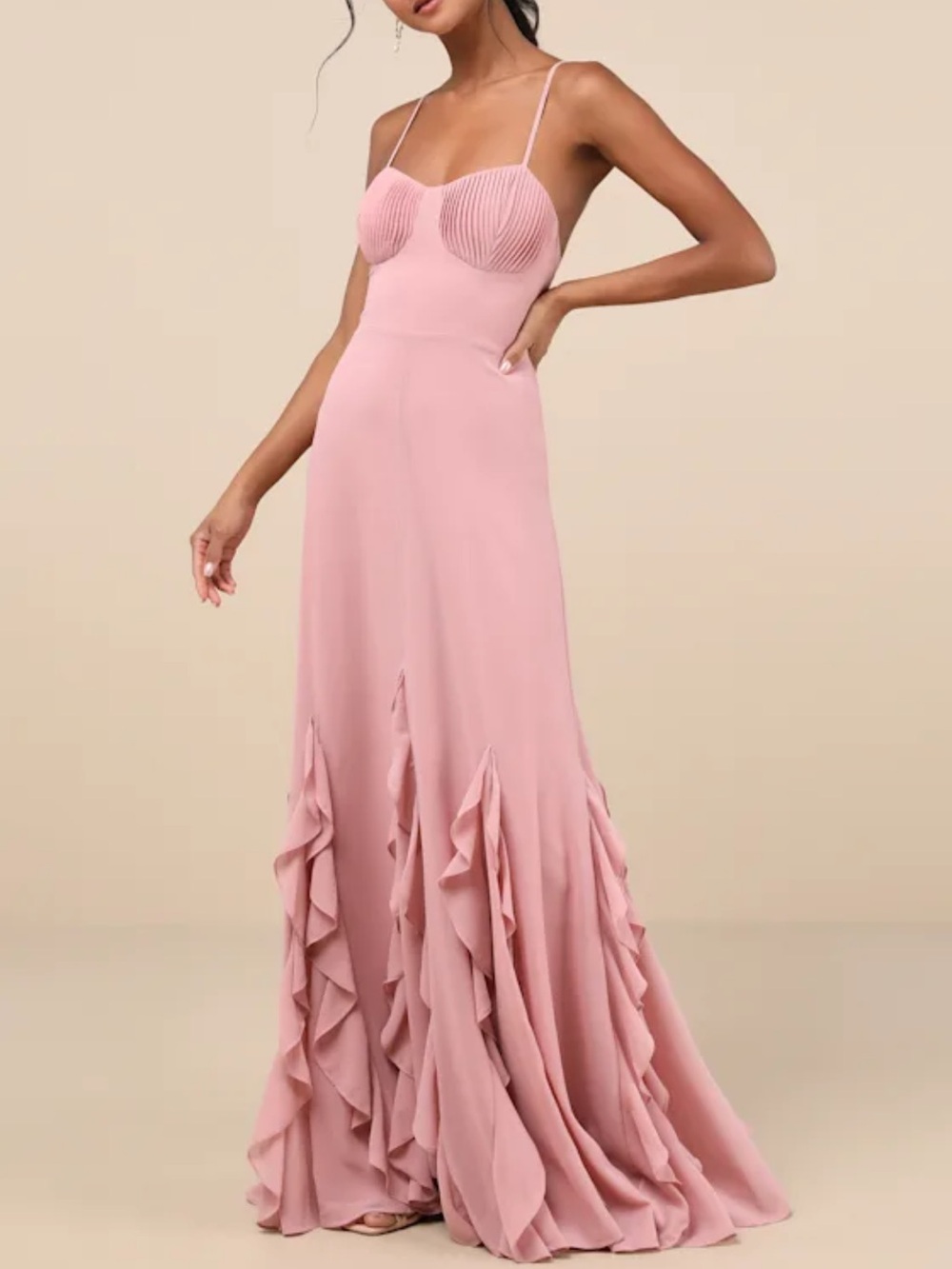 Lulu's Priela Pink Ruffled Lace-Up Maxi Dress